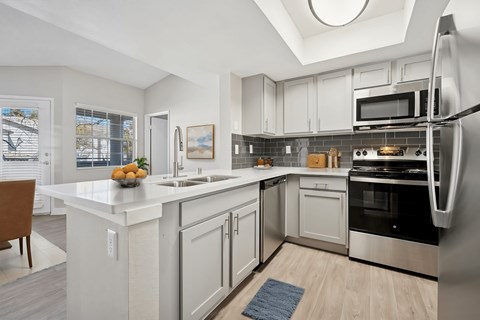 A modern kitchen with a skylight above the island.