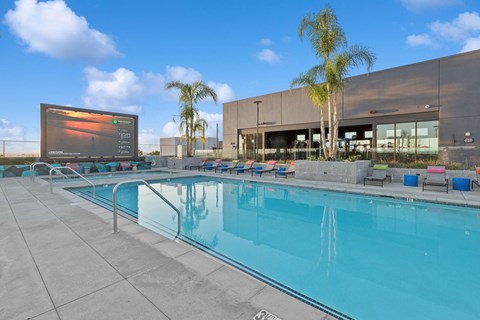A large outdoor swimming pool with a screen and loungers.