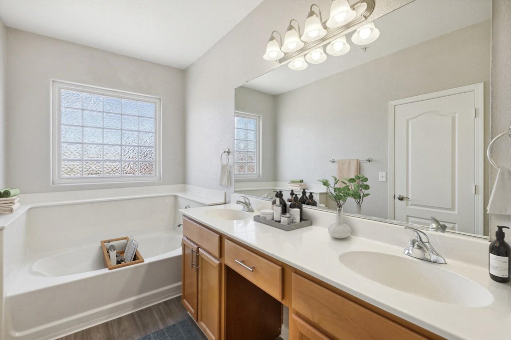 a bathroom with a sink and a tub and a mirror