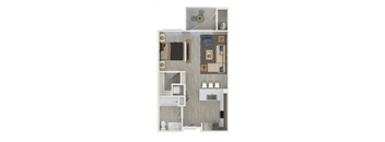 A 3D floor plan of a small apartment with a kitchen, living room, and bathroom.