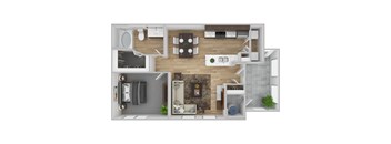 A 3D floor plan of a small apartment with a kitchen, living room, and bathroom.