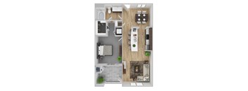 A top-down view of a small apartment with a kitchen, living room, and bathroom.