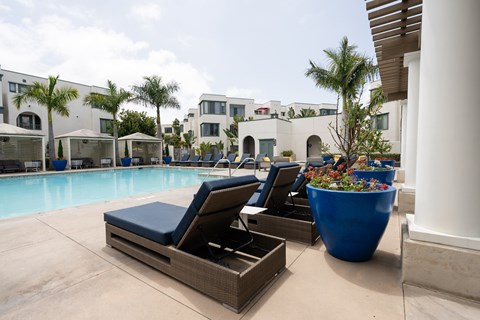 A poolside area with lounge chairs and a large planter.