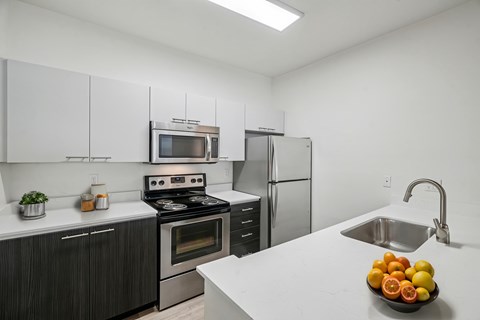A kitchen with a stove, oven, refrigerator, and sink.