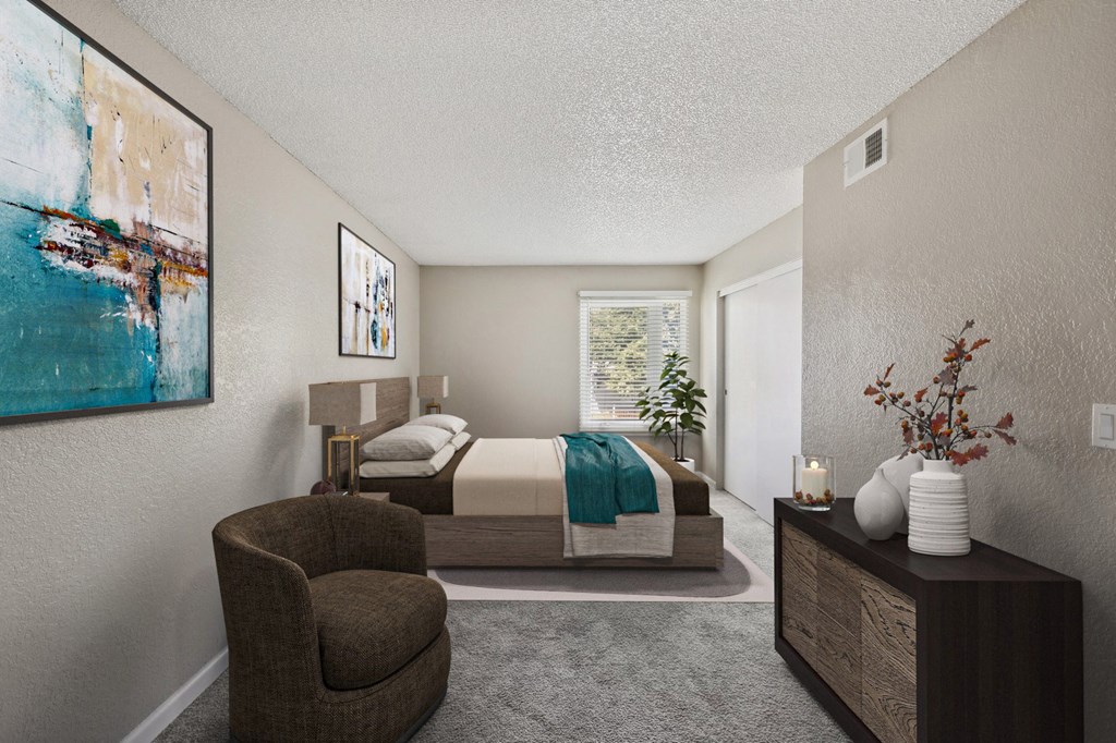 a bedroom with a bed and a dresser and a window