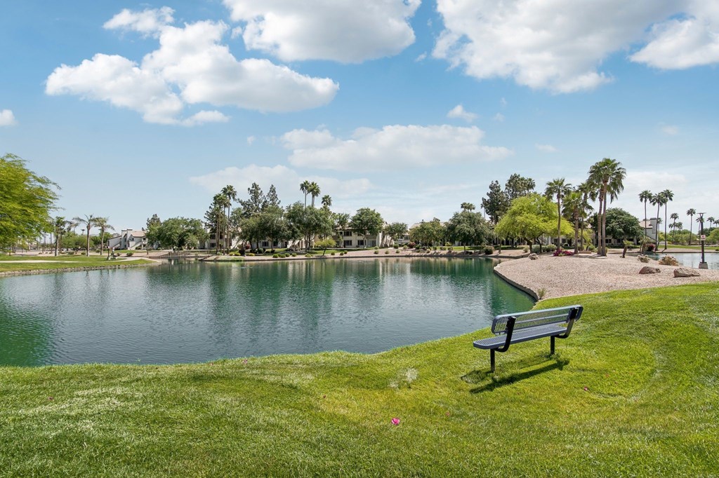 A bench sits on a grassy area next to a lake.