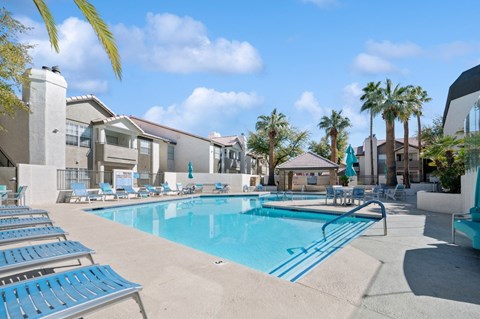 A swimming pool surrounded by sun loungers and palm trees.