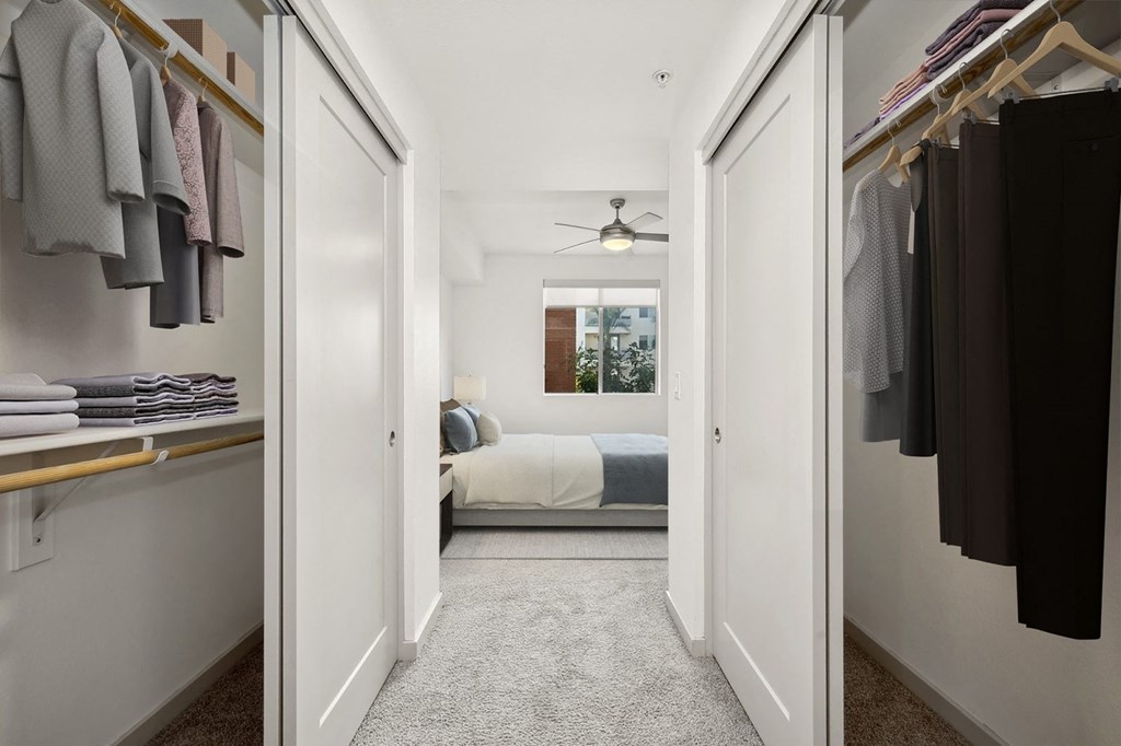 a bedroom with a large closet and a bed