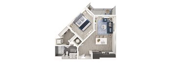 A top-down view of a small apartment with a kitchen, living room, and bathroom.