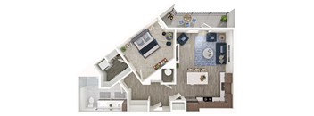 A top-down view of a house interior with a kitchen, living room, and dining area.