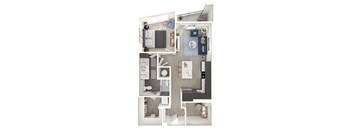 A 3D floor plan of a small apartment with a kitchen, living room, and bedroom.