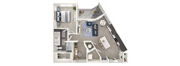 A top-down view of a modern apartment layout with a kitchen, living room, and bathroom.
