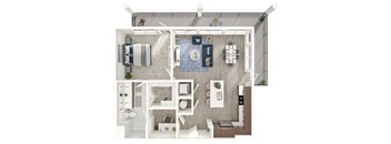 A 3D floor plan of a small apartment with a kitchen, living room, and bathroom.
