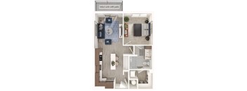 A floor plan of a house with a patio and a kitchen.