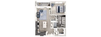 A top-down view of a small apartment layout with a kitchen, living room, and bathroom.