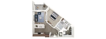 A floor plan of a small apartment with a kitchen, living room, and bathroom.
