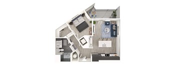 A top-down view of a modern apartment layout with a kitchen, living room, and bedroom.