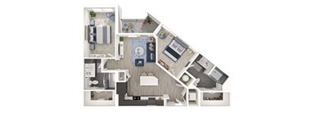 A floor plan of a house with a kitchen, living room, and bathroom.