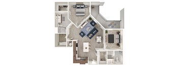 A top-down view of a house layout with a living room, kitchen, and bedrooms.