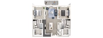 A top-down view of a modern apartment layout with a kitchen, living room, and bathroom.