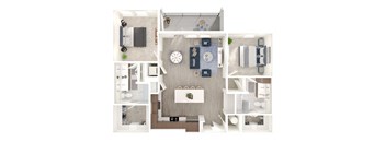 A top-down view of a modern apartment layout with a kitchen, living room, and bathroom.