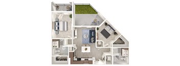 A top-down view of a house layout with a green outdoor area.
