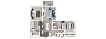 A floor plan of a small apartment with a kitchen, living room, and bathroom.