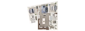 A floor plan of a house with a kitchen, living room, and two bedrooms.