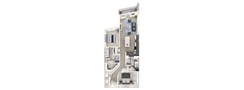 A floor plan of a small apartment with a kitchen, living room, and bathroom.