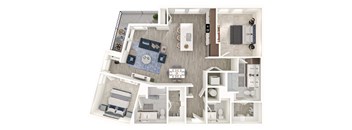 A top-down view of a house layout with a kitchen, living room, and bathrooms.