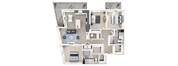 A floor plan of a house with a kitchen, living room, and bedrooms.
