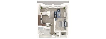 A top-down view of a modern bathroom with a toilet, sink, bathtub, and a shower.