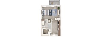 A top-down view of a small apartment with a kitchen, living room, and bathroom.