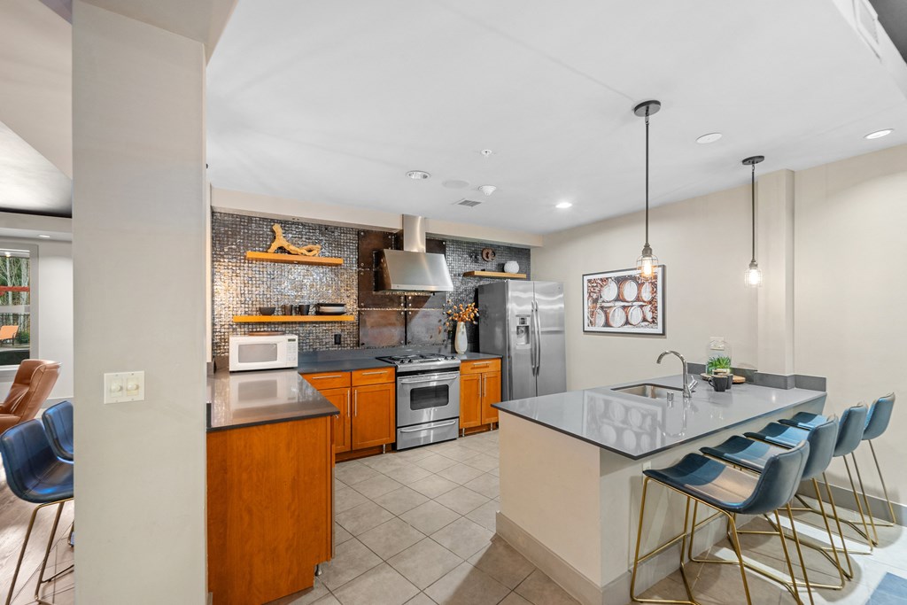 Clubhouse kitchen at Beaumont Apartments, 14001 NE 183rd Street, WA