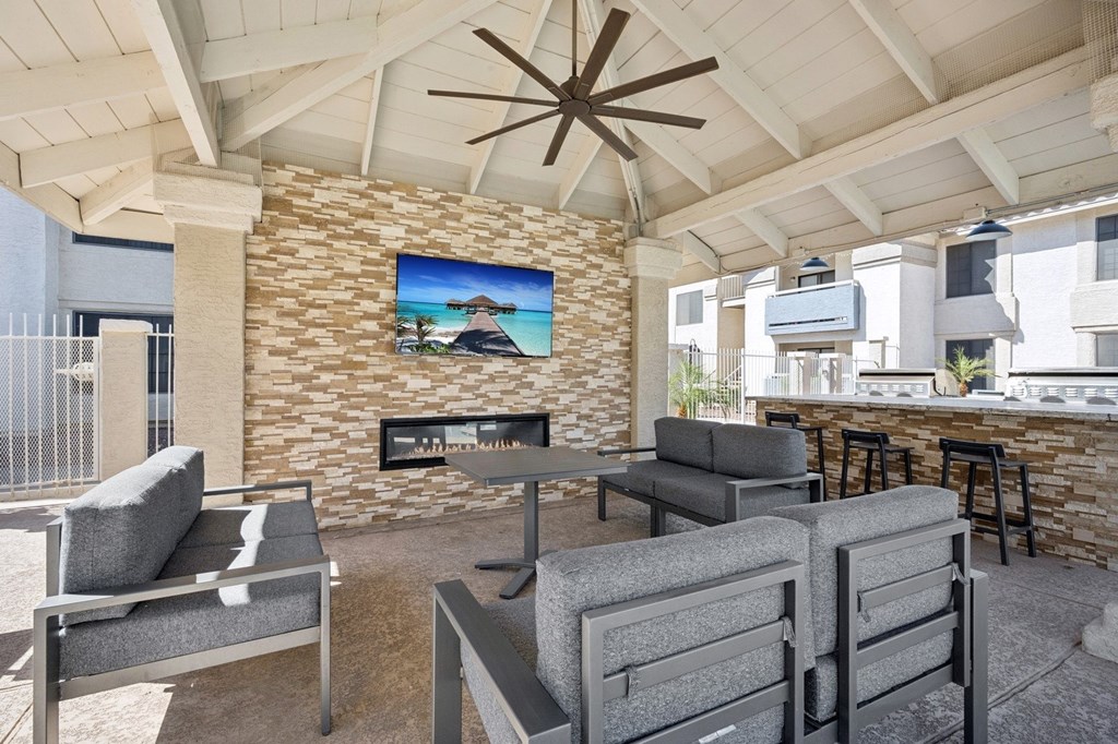 Outdoor lounge area and fireplace