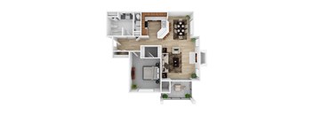 A top-down view of a modern apartment layout with a kitchen, living room, and bathroom.
