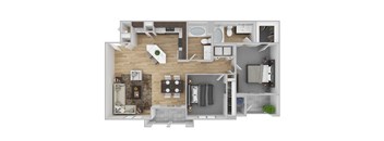 A 3D floor plan of a house showing a kitchen, living room, and bathroom.