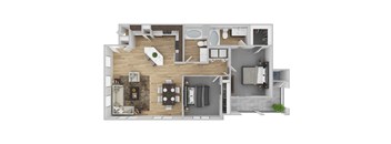 A 3D floor plan of a house showing a kitchen, living room, two bedrooms, a bathroom, and a laundry area.