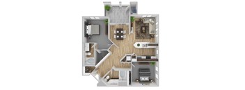 A 3D floor plan of a small apartment with a kitchen, living room, and bathroom.