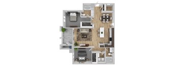A top-down view of a small apartment with a living room, kitchen, and bathroom.