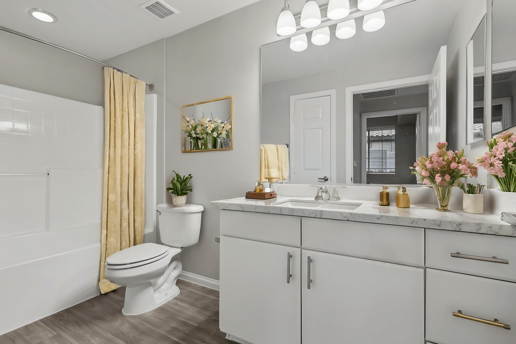 A bathroom with a white toilet, sink, and vanity.