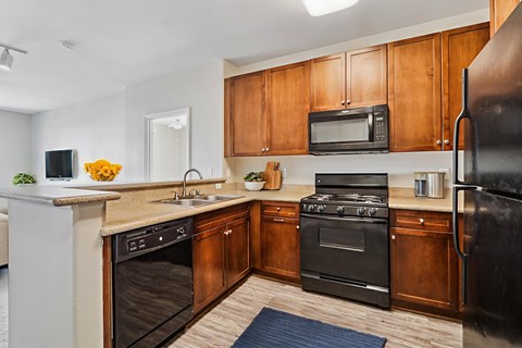 A kitchen with black appliances and wooden cabinets.