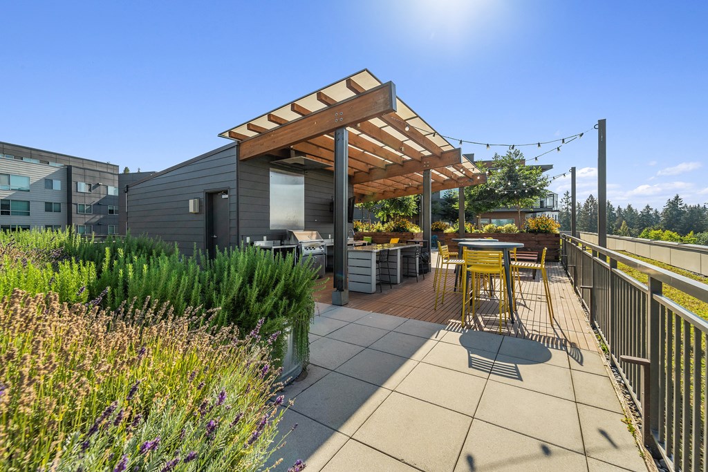 Outdoor covered seating at Vue 22
