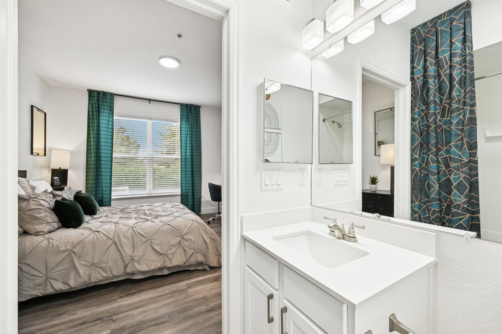 Primary bedroom at Stone Cliff Apartments