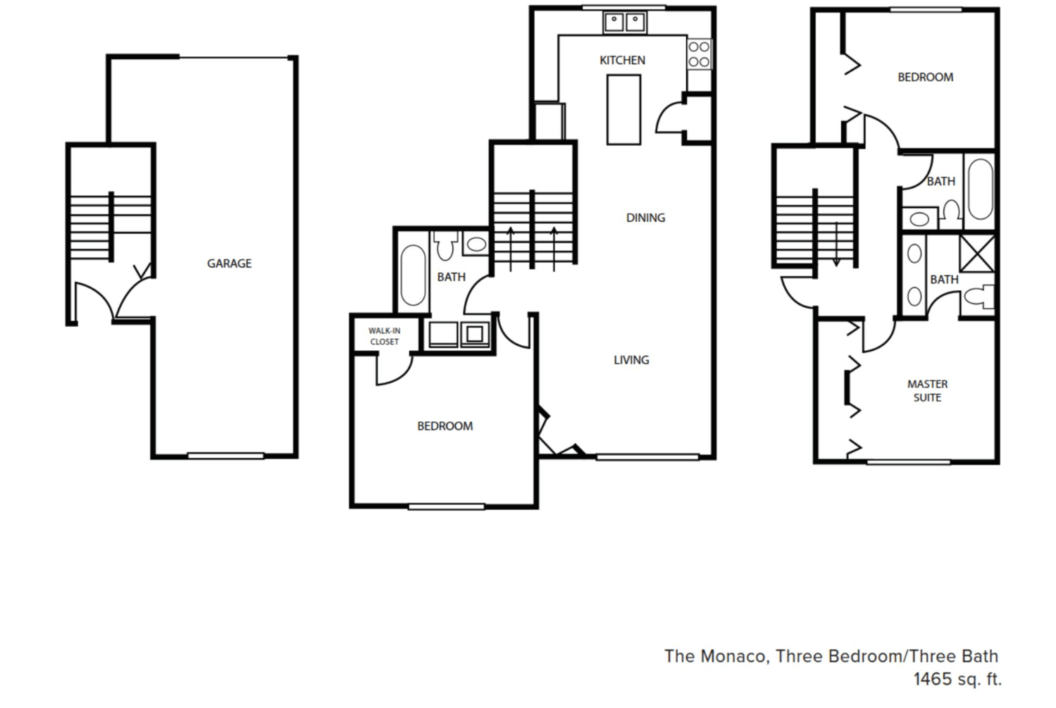 Three floor plans for a three bedroom/three bathroom apartment.