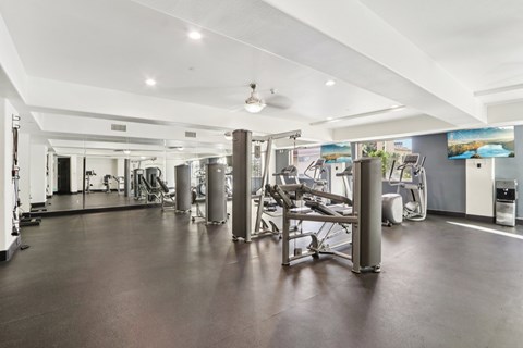 A spacious gym with a variety of equipment.