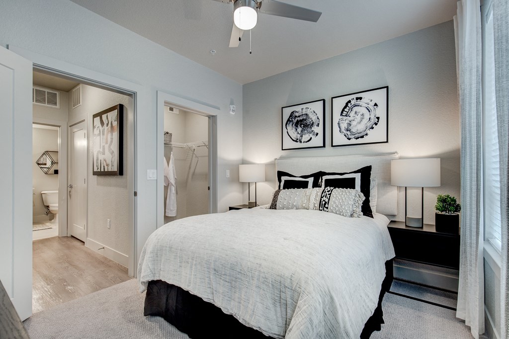 a bedroom with a large bed and a closet