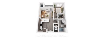 A 3D floor plan of a small apartment with a kitchen, living room, and bathroom.