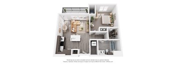 A 3D floor plan of a small apartment with a kitchen, living room, and bathroom.