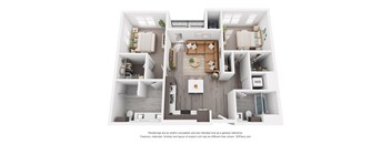 A 3D floor plan of a house with a kitchen, living room, and bathroom.